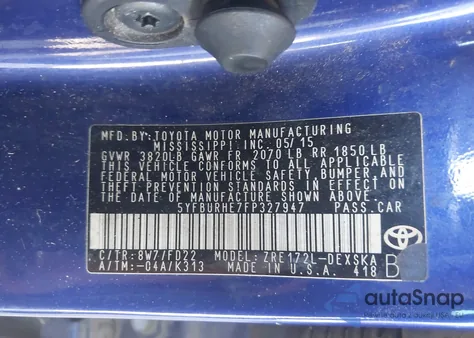 2015 Toyota Corolla S Plus z USA, uszkodzony, nr VIN 5YFBURHE7FP327947